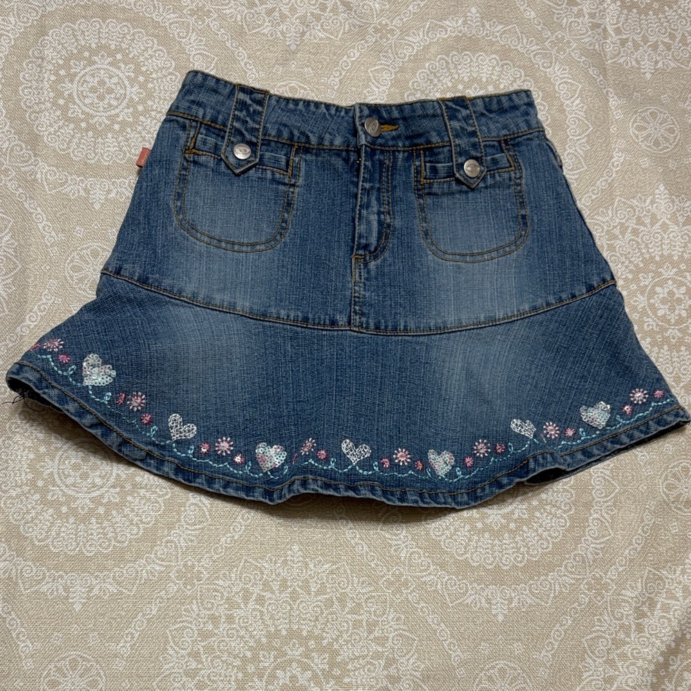 BONGO Blue Denim Skirt with Heart and Flower Embroidery